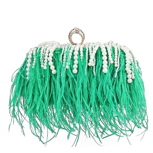 Women Real Natural Ostrich Feather Evening Bags Purses Clutch Vintage Banquet Handbag - color: Green Pearl