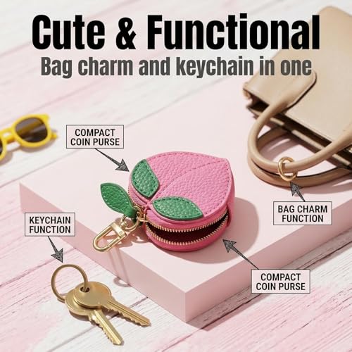 Coin Purse Keychain for Women, Cute Mini Leather Bag Charm & Coin Pouch, Small Fruit Wallet Keychain with Zipper - color: Apple