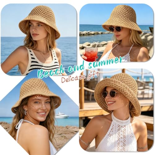 Sun Hat for Women Beach Hat Straw Bucket Hat Summer UV Protection, Packable Breathable Crochet Style - color: 1pack-khaki