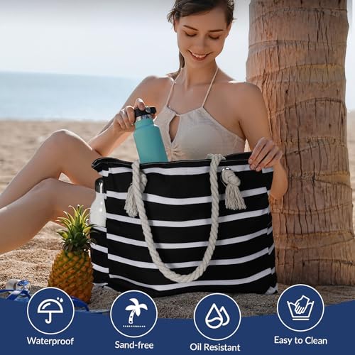 Clothirily Beach Bag for Women - Large Beach Tote Bag, Waterproof Sandproof Beach Bag with Zipper, Large Swim Pool Beach Tote - color: B-black