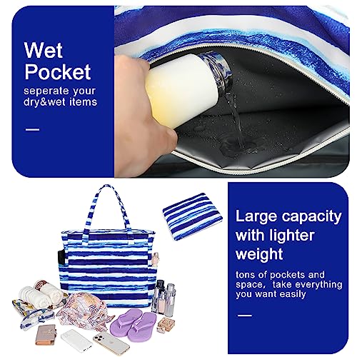 Bluboon Waterproof Beach Tote Pool Bags for Women Ladies Extra Large Carry On Bag With Wet Compartment for Weekender Travel - color: Blue White Stripes