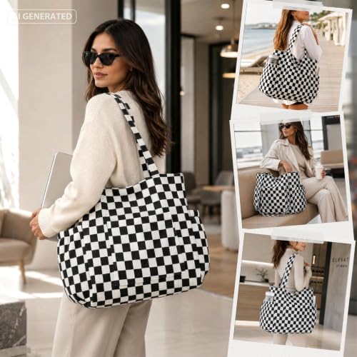 Corduroy Tote Bag for Women,Large Capacity Cute Tote Bags With 6 Pockets,Crossbody Shoulder Handbag for Work Travel Gym - color: Black White Checkered