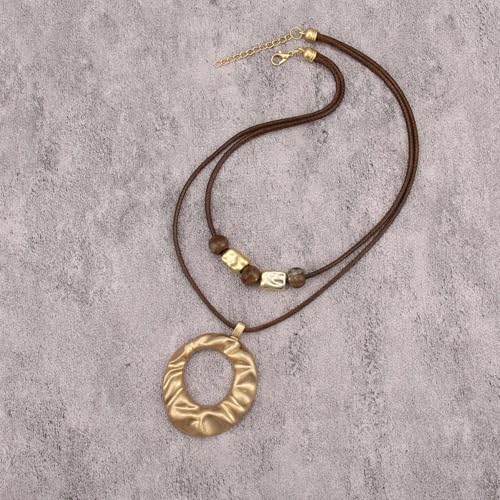 Boho Necklaces for Women Chunky Circle Necklace Layered Boho Circle Leather Choker Necklace Long Vintage Necklaces Bohemian Jewlery Gifts - style: Large Pendant Necklaces
