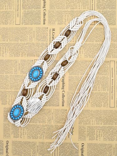 TeeYee Women's Waist Belt Adjustable Boho Style Handwoven Bohemia Tassel Rope Tie with Wooden Beads Braided Chain for Dress - color: Bw0272white