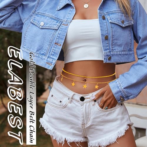 ELABEST Layered Gold Belly Chain 14K Plated Waist Chian Adjustable Sexy Waist Jewelry for Women - size: M(31inch+7.8inch), style: D
