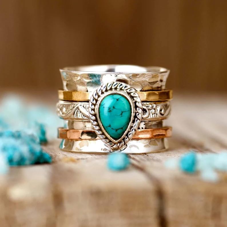 LRGKMCWTOB Vintage Sterling Silver Turquoise Ring for Women, Bohemian Style Handmade Dainty Ethnic Healing Stone Ring, Tribal Totem Cut Natural Turquoise Bridal Statement Ring Gift Size 6 - size: Size 6