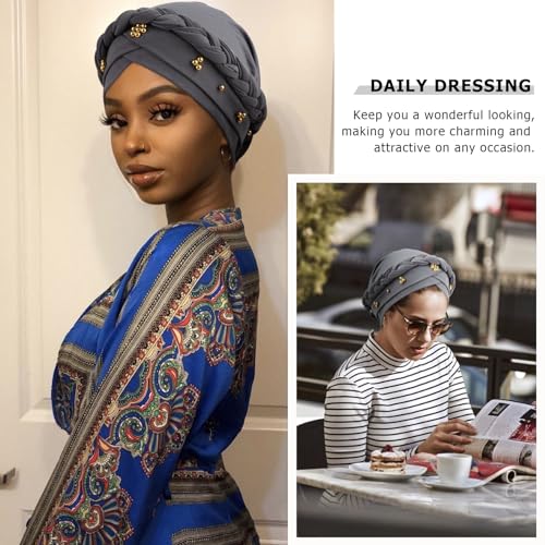 African Women Turban Caps Pre-Tied Twisted Turbans Head Scarf for Women Hair Wraps Cover Beanie Cancer Chemo Headwear - color: 1 Pack Twisted Braid A: Gold Bead Grey