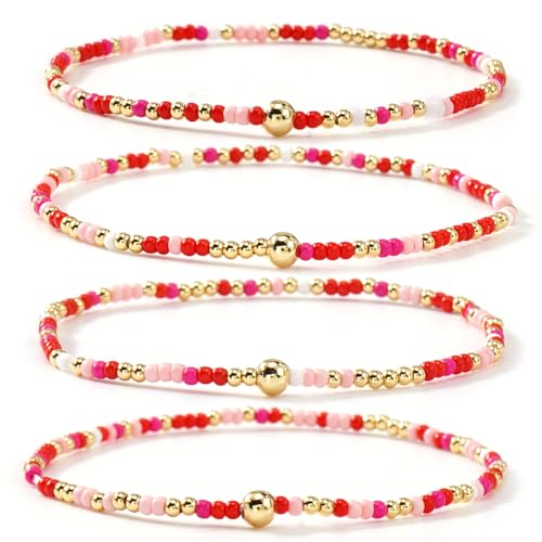 Boho 4Pcs Stack Colorful Small Seed Beaded Bracelets Set for Women, Cute Handmade Dainty Trendy Gold Plated Stretch Accessories Thin Glass Jewelry, Summer Daily Party Friendship Gift - color: Pink Red