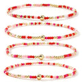 Boho 4Pcs Stack Colorful Small Seed Beaded Bracelets Set for Women, Cute Handmade Dainty Trendy Gold Plated Stretch Accessories Thin Glass Jewelry, Summer Daily Party Friendship Gift - color: Pink Red