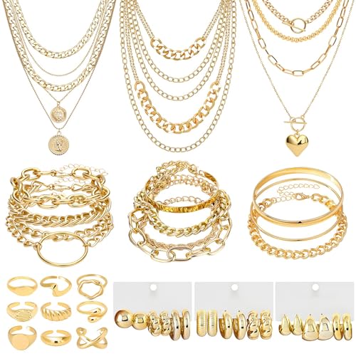 NEWITIN 44 Pieces Chunky Gold Jewelry Set for Women Fashion Costume Jewelry Gold Plated Chunky Necklace Chain Bracelet Ring Hoop Earrings Set for Women - color: Gold A
