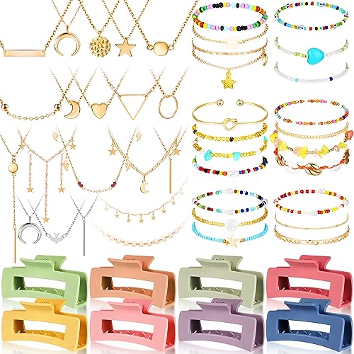 49 Pcs Boho Jewelry Set for Women, Surfer Wave Friendship Bracelets Layered Necklace Hair Clip, Summer Beach Gift - style: Charm