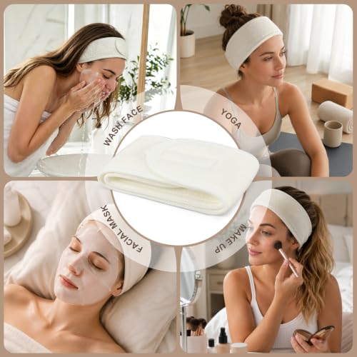 Whaline 4Pcs Spa Facial Headbands Make Up Wrap Head Terry Cloth Headband Soft Adjustable Towel Band for Face Washing Shower Facial Cover Yoga (Beige) - color: Beige