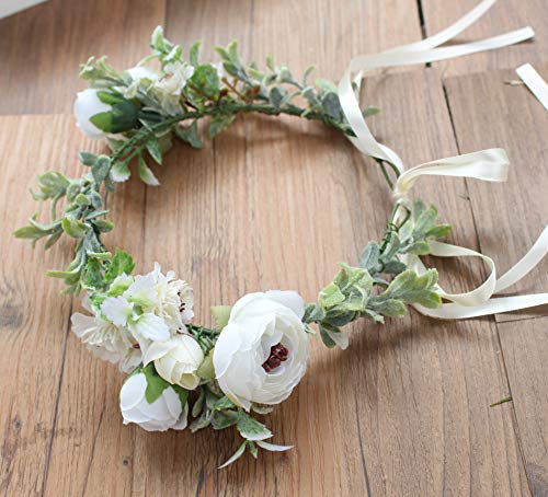 Vivivalue Boho Flower Crown Flower Garland Headband Hair Wreath Floral Headpiece Halo with Ribbon Wedding Party Photos Festival White - color: 50