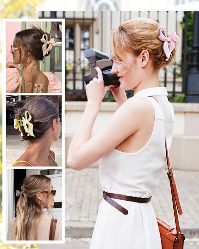 4 PCS Bow Hair Clips Bow Claw Clip for Women, Large Hair Claw Clips for Thin Thick Long Hair Cute Nonslip Bows (Dark Brown+Light Brown+Off-White+Light Pink) - color: Dark Brown+Light Brown+Off-White+Light Pink