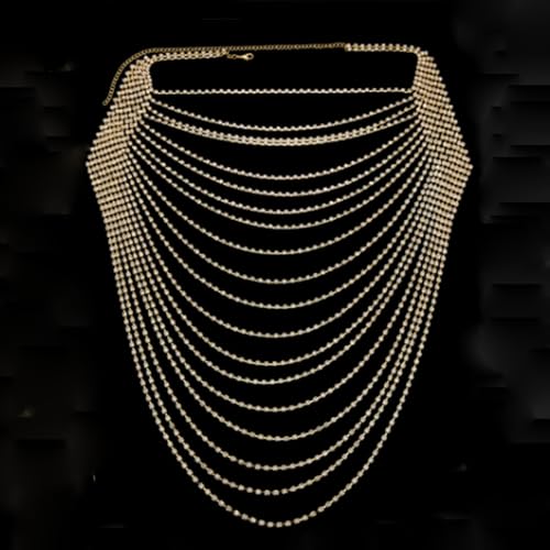 Wiwpar Full Rhinestone Body Chain Crystal Crossover Bra Body Chain Necklace Boho Multilay Costume Chest Chain Beach Sexy Bikini Nightclub Body Chain Party Rave Accessories for Women - color: Gold