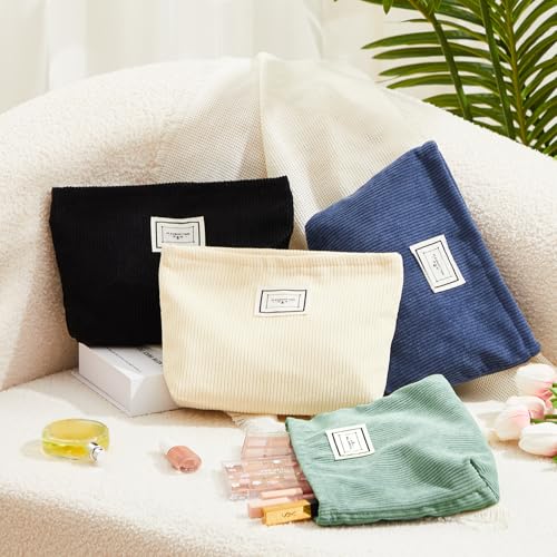 Sanwuta 4 Pack Velvet Makeup Bag Cosmetic Bag for Women Large Capacity Corduroy Pouch Zipper Canvas Travel Toiletry Purse Make up Organizer Case Accessories(Vintage Color,Plaid) - color: Vintage Color