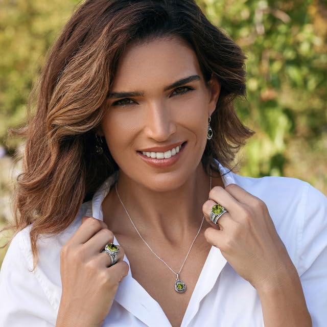 JEAN RACHEL JEWELRY 925 Sterling Silver Ring - Wrap Vintage Design with Cushion Shaped Cubic Zirconia - Hypoallergenic, Lead & Nickel Free - Artisan Handcrafted Statement Rings for Women - color: Peridot CZ