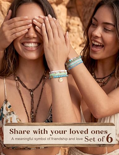 LOYALLOOK 6 Sets Bohemian Stackable Bead Bracelets for Women Stretch Bohemian Style Stretch Multilayered Boho Bracelet Set