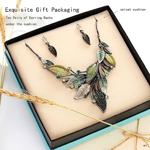 AMYJANE Vintage Statement Jewelry Set - Spring Leaf Flower Floral Plant Necklace Earring Set Crystal Rhinestone Fashion Costume Jewelry for Women Prom Party Unique Gift - style: Green Leaves Jewelry Set