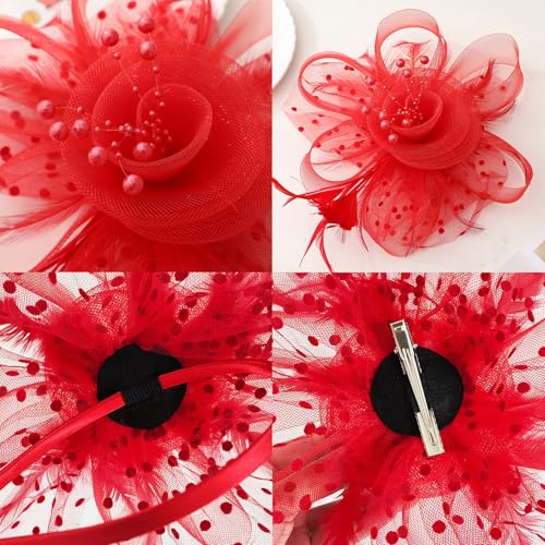 Fascinators Hat Pearl Earrings Necklace Bracelets Gloves 1920s Headband Hair Clips Women Flower Mesh Feather Headpiece Headwear Halloween Carnival Cocktail Wedding Tea Party Accessories Red - color: Red