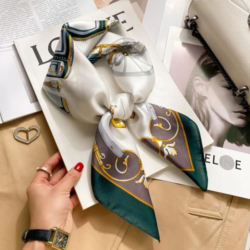 Sumolux Head Hair Scarf for Women Like Satin Silk Scarf Bandana Hair Wrapping Night Large Square Scarves 27.5" - color: Green Carriage