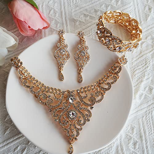 Hapibuy Crystal Wedding Jewelry Set Necklace Earring Set For Women and Brides Rose Gold and Silver Bridal Statement Jewelry sets - color: Gold necklace earrings bracelet