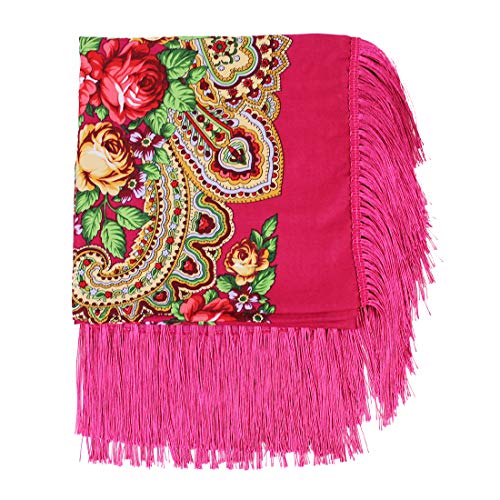 Gudessly Women's Traditional Scarf Wrap Tassel Fringes Neck Head Shawl Retro Scarf Floral Poncho Printing Square Cape 50inch - color: Rose
