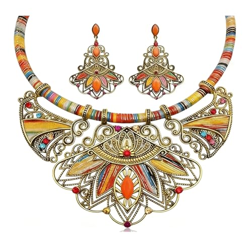 African Tribal Jewelry Set for Women - 2pcs Chunky Colorful Boho Vintage Statement Necklace Earrings Bib Choker Festival Costume Ethnic Accessories - style: Gold Style