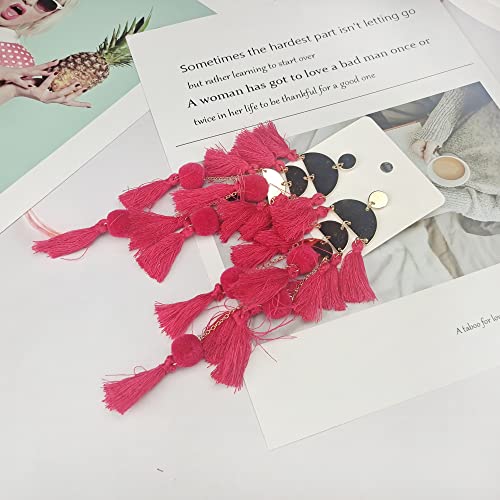 Long Tassel Earrings for Women Colorful Fringe Drop Dangle Earrings Bohemian Hawaiian Summer Beach Jewelry for Womens Vacation Outfits - color: Dark Pink