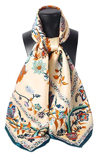 100% Silk Scarves, Extra-Large and XX-Large - color: Beanstalk, Creme With Teal Trim