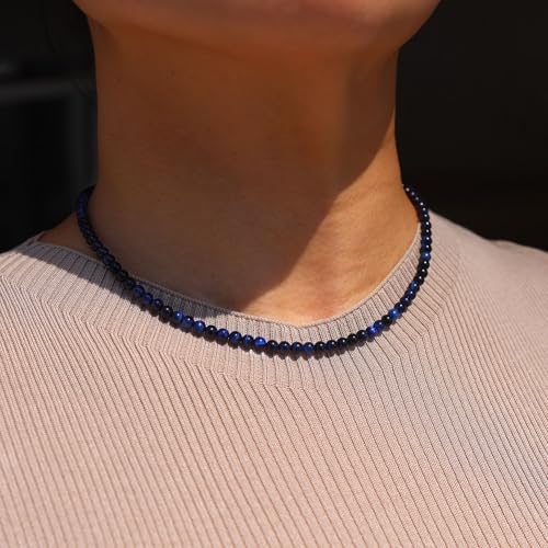 Simple Choker Necklace for Women Real Stone and Crystals Necklaces 4mm Beaded Choker Jewelry Meditation Gift for Women (16"+2") - style: Blue Tiger's Eye