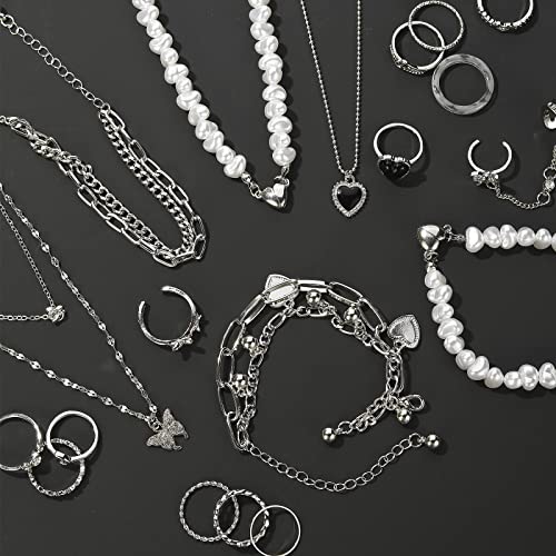 IFKM 36 PCS Silver Plated Jewelry Set with 3 PCS Necklace, 12 PCS Bracelet, 7 PCS Ear Cuffs Earring, 14 Pcs Knuckle Rings for Women Valentine Anniversary Birthday Friendship Gift - color: 21 Pcs Silver
