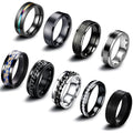EIELO 9Pcs Stainless Steel Band Rings for Men Women Cool Fidget Spinning Chain Ring Anxiety Relief Fashion Simple Wedding Engagement Black Ring Set - color: Black