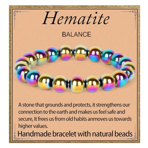 LPBeads Handmade Natural Gemstone Stretch Elastic Bracelet Healing Crystal Round Stone Beads Jewelry Gifts for Women Men - color: Rainbow Coated Hematite, size: 10mm