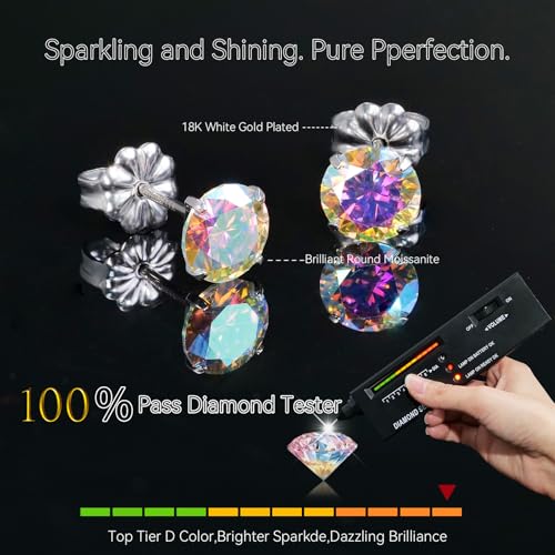 Moissanite Stud Earrings, G23 Hypoallergenic Titanium Stud Earrings for Women Men, Round Cut D Color VVS1 Clarity 18K White Gold Palted Multicolor Moissanite Jewelry, 0.6CT-3.0CT - color: Aurora Borealis, size: (1.5ct*2)-7.5mm-3.0 Carat