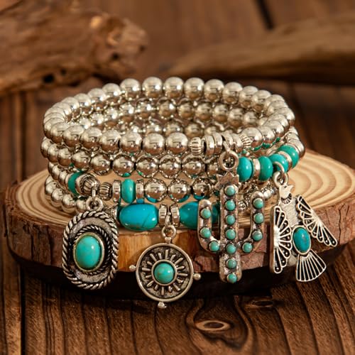 Long tiantian Western Turquoise Beaded Bracelet Set for Women Stackable Cowgirl Bracelets Boho Concho Jewelry Country Concert Rodeo Outfit Accessories Gifts - color: C2:western bracelet for women
