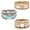 Leather Wrap Bracelet Set 3Pack Wrist Cuff Bracelet for Women Multilayer Magnetic Clasp Bracelet Feather Tree Bead Crystal Bracelet - color: Turquoise Pearl