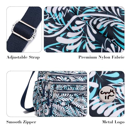 AOCINA Crossbody Bags for Women Multi Pocket Nylon Lightweight Ladies Purses Messenger Shoulder Handbags Satchel Travel Bag - color: Blue Leaf, size: Small
