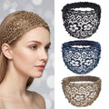 Chedin 3pcs Boho-Chic Wide Elastic Lace Headbands for Women - Crystal, Pearl & Floral Beaded, Fit Daily Wear/Weddings/Holidays