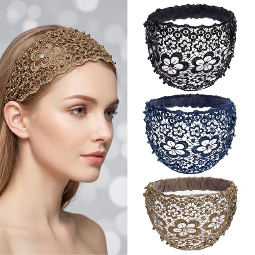 Chedin 3pcs Boho-Chic Wide Elastic Lace Headbands for Women - Crystal, Pearl & Floral Beaded, Fit Daily Wear/Weddings/Holidays