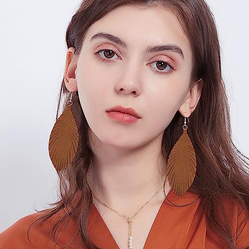 Large Genuine Soft leaf Leather Handmade Fringe Tassel Feather Lightweight Tear Drop Dangle Color Earrings for Women - color: Brown