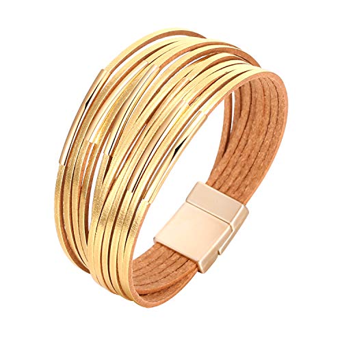 Fesciory Leather Wrap Bracelets for Women, Boho Leopard Multi-Layer Crystal Beads Cuff Bracelet Jewelry - color: A2:Short Gold