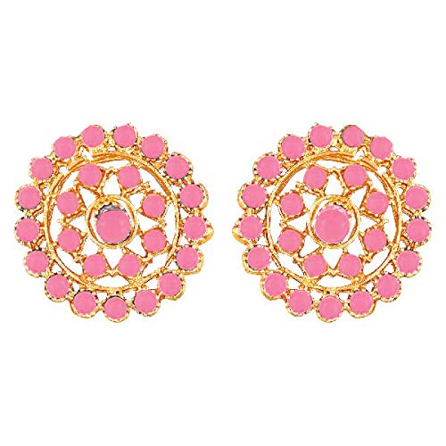 Aheli Pearl Diamond Choker Necklace & Round Earrings Gift for Women Indian Traditional Bollywood Fashion Bharatanatyam jewellery set - color: Pink