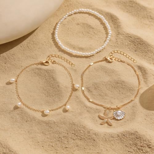 Boho Multilayer Anklet for Women Beach Shell Starfish Pearl Beaded Ankle Bracelets Adjustable Waterproof Summer Foot Chain Jewelry - color: Gold starfish