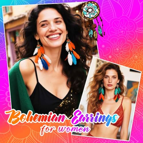 Catery Feather Earrings Long Tassel Boho Earrings Dangling Fringe Prom Jewelry for Women - color: Green