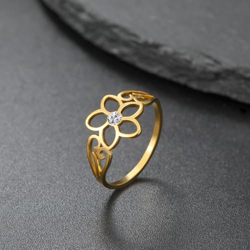 TEAMER Bohemian Hollow Flower Ring Stainless Steel Rhinestone Flower Ring Wedding Band Ring Exquisite Jewelry for Women - color: Gold - Flower With Rhinestone
