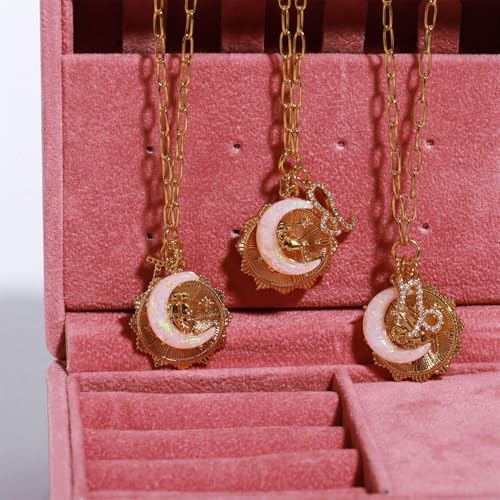 Dainty Gold Zodiac Embossed Coin Opal Crescent Moon Charm Necklace for Women Trendy 18K Gold Plated Retro Paperclip Chain 12 Constellation Horoscope Necklaces Astrology Jewelry Gifts - style: 4.CANCER (JUN 21-JUL 22)