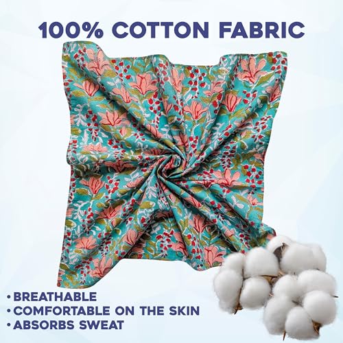 AVKA Studio 100% Cotton Bandanas for Women & Men, 2 Pack 20x20 Inch, 22x22 inch Hand Printed, Lightweight Cotton Handkerchief - color: Blue & Peach, size: 22 x 22 Inches Large