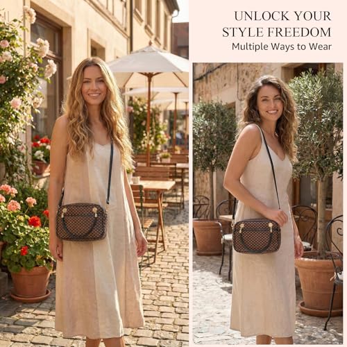 Chic Woven Crossbody Camera Bag, Soft Vegan Leather Purse with Designer Look & Braided Handle - color: Black and Brown Checkered