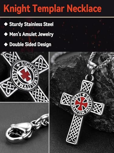 FaithHeart Knights Templar Necklace for Men, Christian Necklace for Men Stainless Steel Pendant Neckalces Christian Gifts with Gift Box - color: 02. Cross-Silver